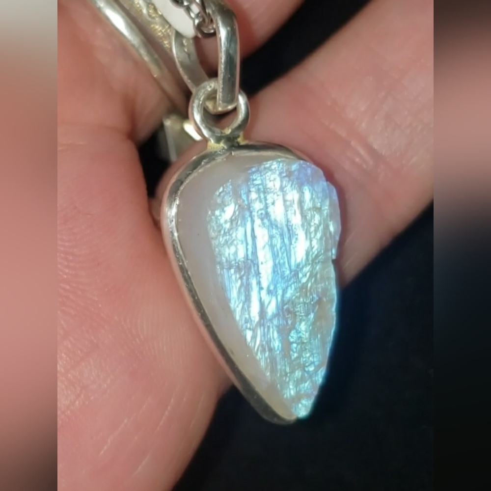 Raw Rainbow Moonstone Pendant Necklace ~ 925 Sterling Silver